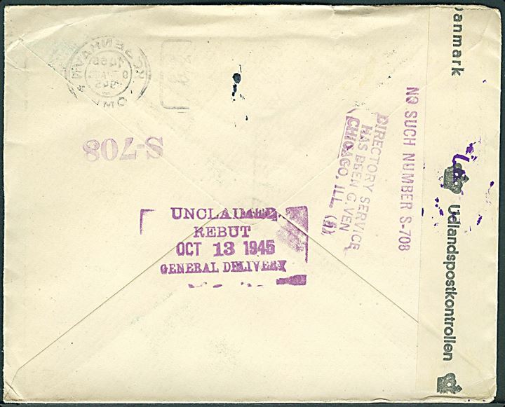 40 øre Chr. X på brev fra København d. 9.8.1945 til Chicago, USA. Retur som ubekendt med flere stempler. Åbnet af dansk efterkrigscensur (krone)/231/Danmark.