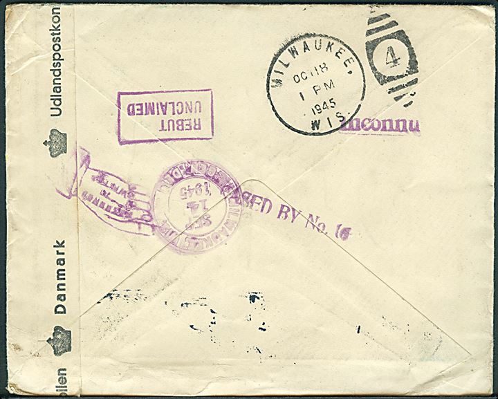 40 øre Chr. X på brev fra København d. 9.8.1945 til Milwaukee, USA. Retur som ubekendt med flere stempler. Åbnet af dansk efterkrigscensur (krone)/230/Danmark.