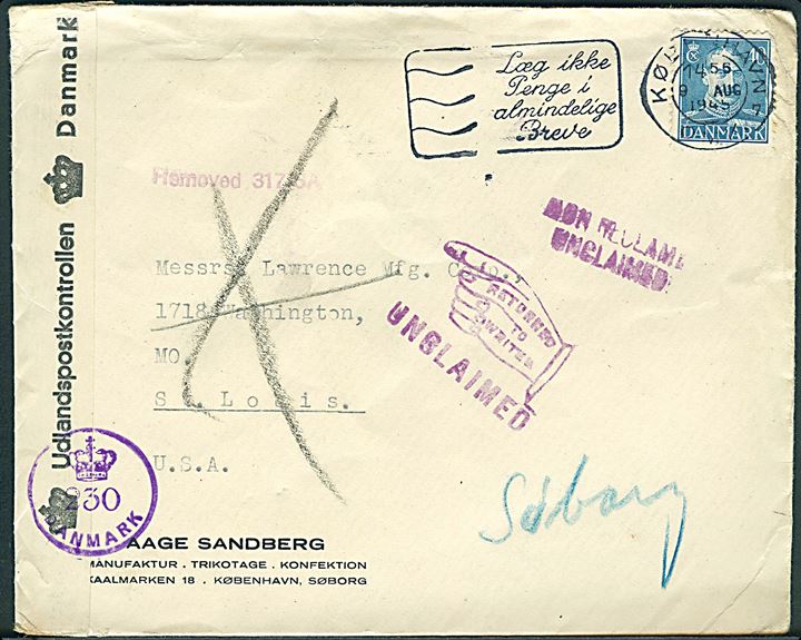 40 øre Chr. X på brev fra København d. 9.8.1945 til St. Louis, USA. Retur som ubekendt med flere stempler. Åbnet af dansk efterkrigscensur (krone)/230/Danmark.