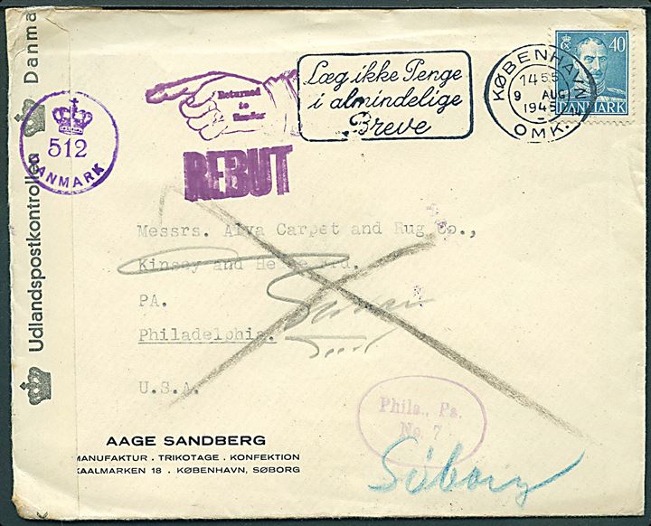40 øre Chr. X på brev fra København d. 9.8.1945 til Philadelphia, USA. Retur som ubekendt med flere stempler. Åbnet af dansk efterkrigscensur (krone)/512/Danmark.