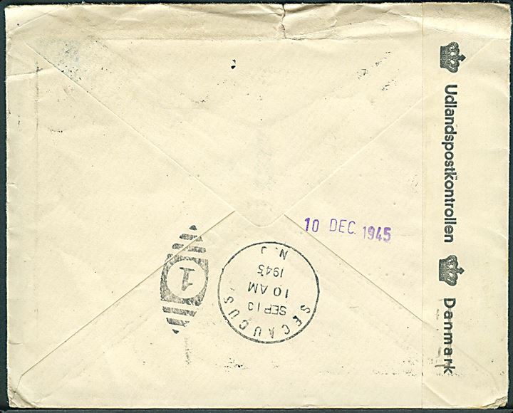40 øre Chr. X på brev fra København d. 9.8.1945 til Sepacus, New York, USA. Retur som ubekendt med flere stempler. Åbnet af dansk efterkrigscensur (krone)/334/Danmark. Gul forespørgselsetiket P.4007 (4-43 C7) fra Returpostkontoret.