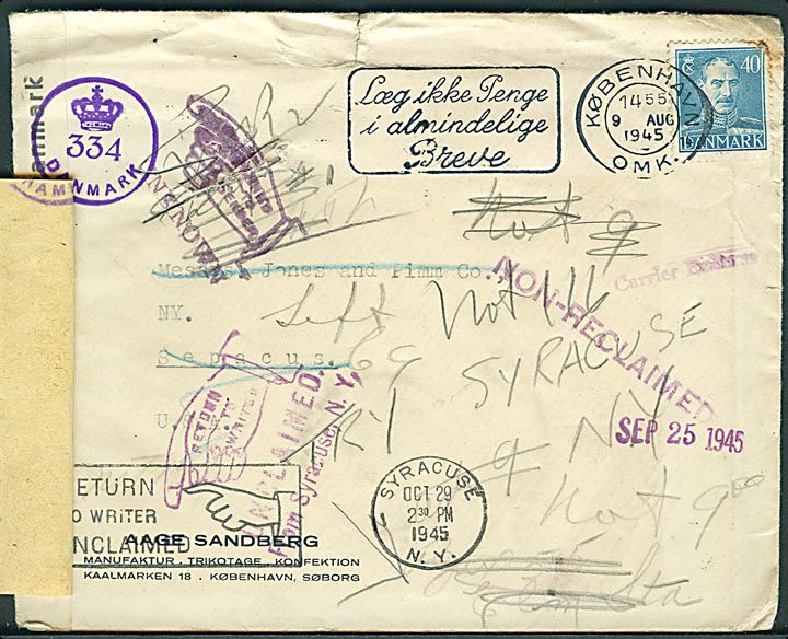 40 øre Chr. X på brev fra København d. 9.8.1945 til Sepacus, New York, USA. Retur som ubekendt med flere stempler. Åbnet af dansk efterkrigscensur (krone)/334/Danmark. Gul forespørgselsetiket P.4007 (4-43 C7) fra Returpostkontoret.