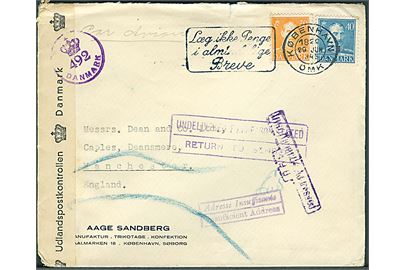 30 øre og 40 øre Chr. X på luftpostbrev fra København d. 29.8.1945 til Manchester, England. Retur som ubekendt med flere stempler. Åbnet af dansk efterkrigscensur (krone)/492/Danmark.