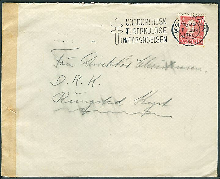20 øre Chr. X på mystisk brev fra København d. 7.6.1946 til D.R.K. (Dansk Røde Kors) i Rungsted Kyst. Brevet lukket med neutral papirbanderole - muligvis censur. Uden afsender.