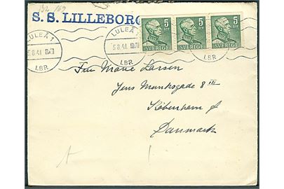 5 öre Gustaf (3) på brev fra Luleå d. 5.8.1941 til København. sendt fra dansk dampskib S/S Lilleborg fra rederiet Dannebrog med afs.adresse: c/o Malmexport, Luleå. Åbnet af dansk censur.