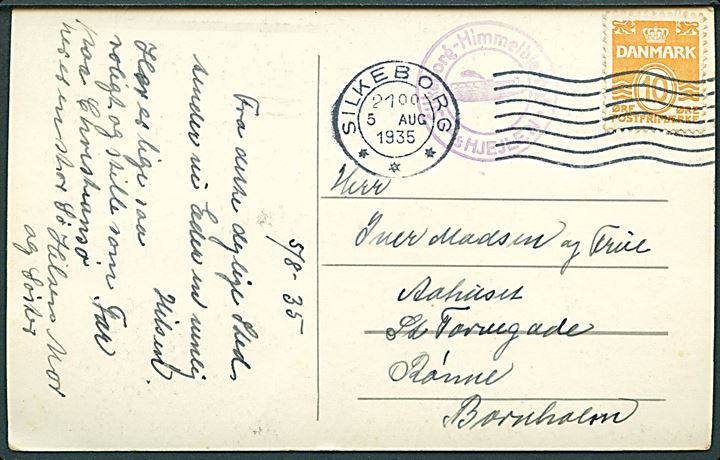 10 øre Bølgelinie på brevkort (Hjejlen ved Himmelbjerget) stemplet Silkeborg d. 5.8.1935 og sidestemplet med skibsstempel Silkeborg - Himmelbjerget * A/S Hjejlen * til Rønne.