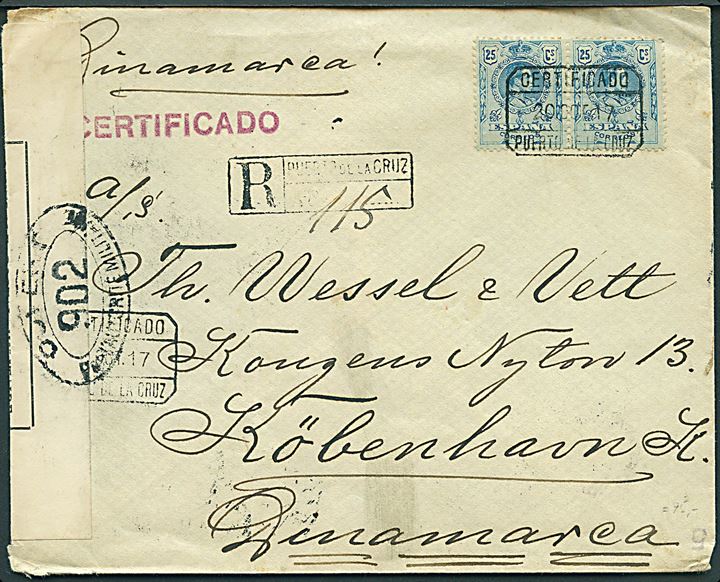 25 cts. Alfonso XIII i parstykke på anbefalet brev fra Puerto de la Cruz Tenerife d. 20.10.1917 via Santa Cruz Tenerife til København, Danmark. Åbnet af fransk censur no. 902 i London, England.