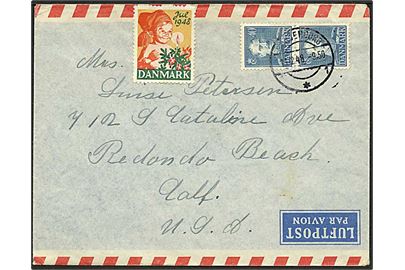 40 øre Chr. Xi parstykke og Julemærke 1948 på luftpostbrev fra Svendborg d. 18.12.1948 til Redondo Beach, USA.