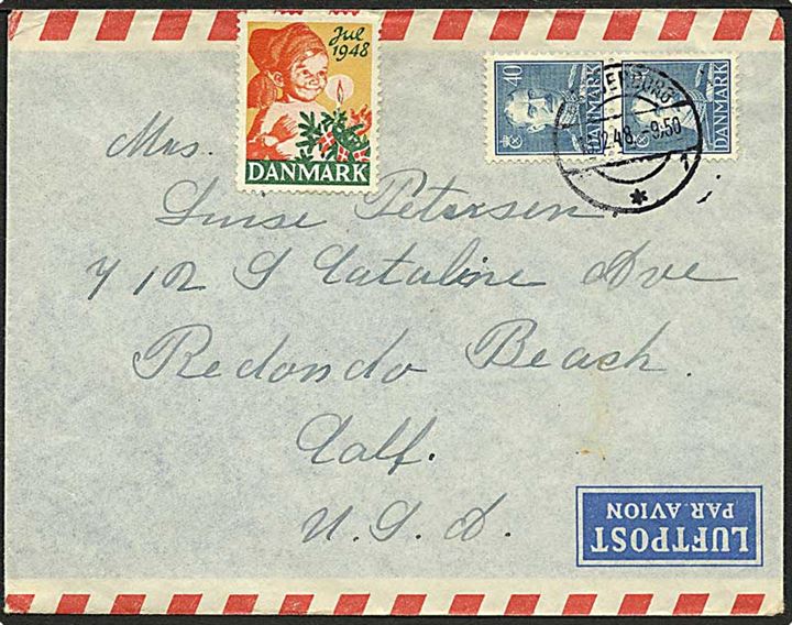 40 øre Chr. Xi parstykke og Julemærke 1948 på luftpostbrev fra Svendborg d. 18.12.1948 til Redondo Beach, USA.