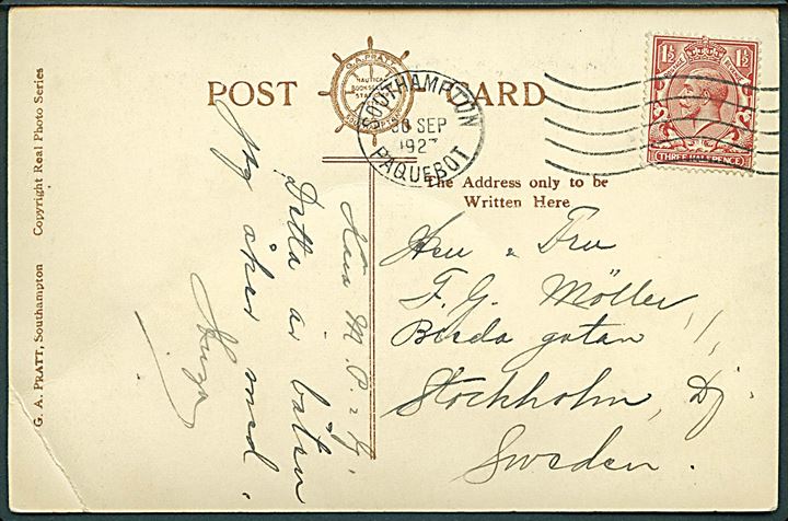 1½d George VI på brevkort (White Star Line Olympic) annulleret med skibsstempel Southampton Paquebot d. 30.9.1927 til Stockholm, Sverige.