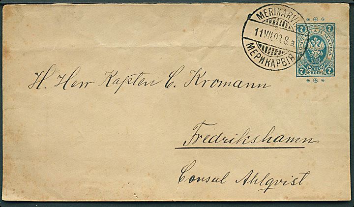 7 kop. helsagskuvert med ringe fra Merikavia d. 11.7.1908 til Frederikshamn. 