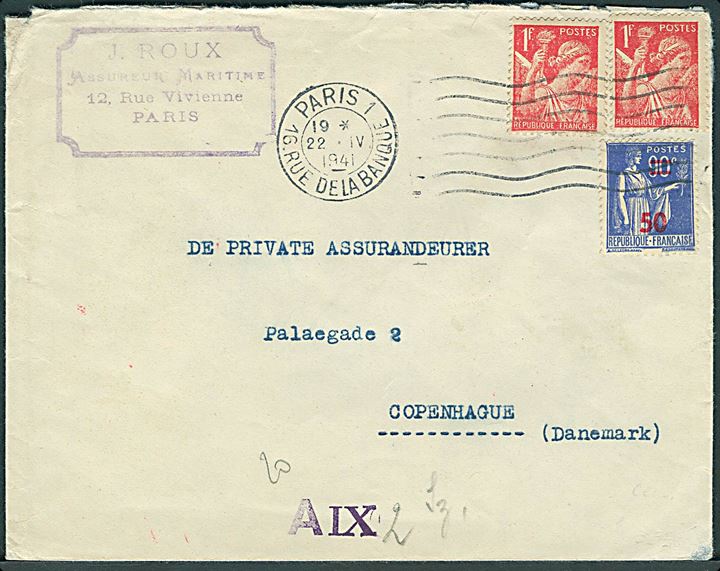 50/90 c. Provisorium og 1 fr. (2) på brev fra Paris d. 22.4.1941 til København, Danmark. Åbnet af tysk censur i Hamburg.