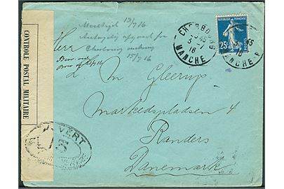 25 c. på brev fra Cherbourg d. 3.7.1916 til Randers, Danmark. Åbnet af fransk censur i Dieppe no. 15.