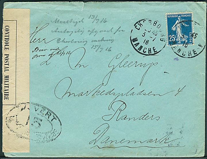 25 c. på brev fra Cherbourg d. 3.7.1916 til Randers, Danmark. Åbnet af fransk censur i Dieppe no. 15.