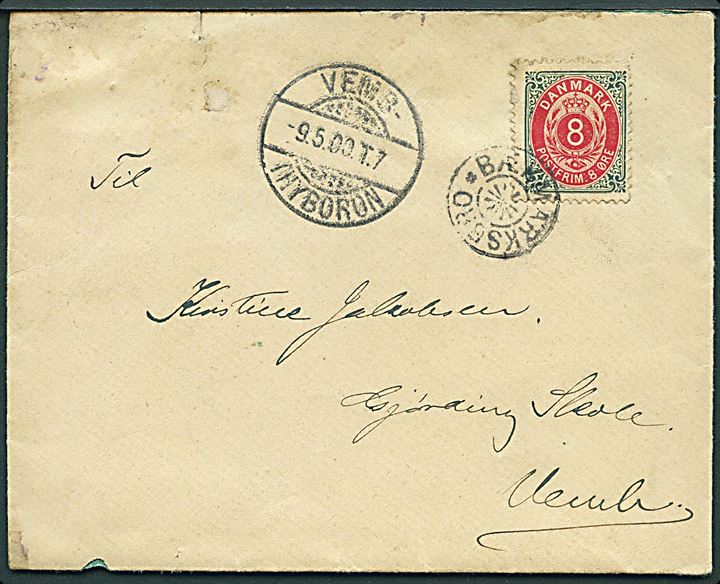 8 øre Tofarvet på brev annulleret med stjernestempel BÆKMARKSBRO og sidestemplet bureau Vemb - Thyborøn T.7 d. 9.5.1900 til Gjørding Skole pr. Vemb.