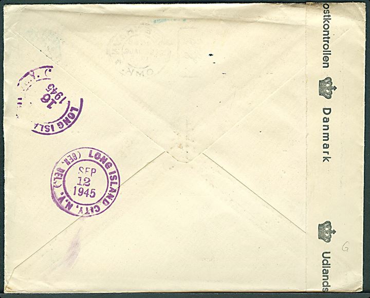 40 øre Chr. X på brev fra København d. 9.8.1945 til Long Island, USA. Retur som ubekendt med flere stempler. Åbnet af dansk efterkrigscensur (krone)/499/Danmark.