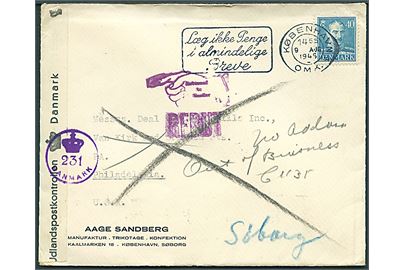 40 øre Chr. X på brev fra København d. 9.8.1945 til Philadelphia, USA. Retur som ubekendt med flere stempler. Åbnet af dansk efterkrigscensur (krone)/231/Danmark.