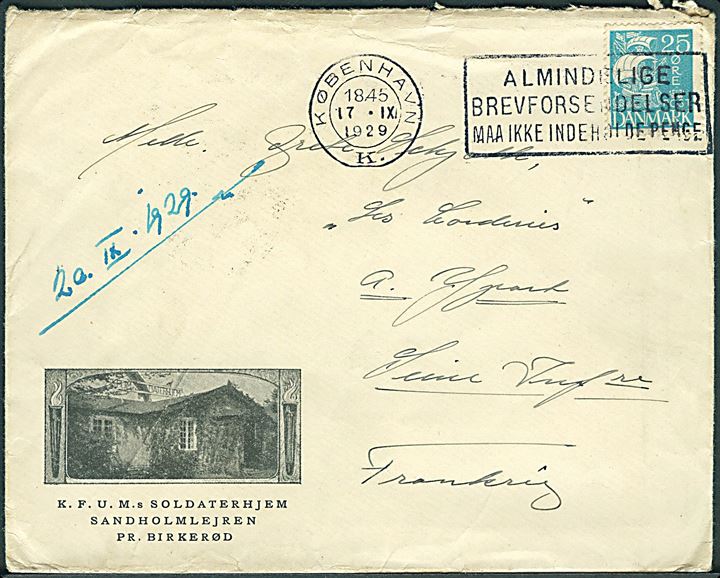 25 øre Karavel på illustreret kuvert fra KFUM's Soldaterhjem Sandholmlejren pr. Birkerød stemplet København d. 17.9.1929 til Frankrig.