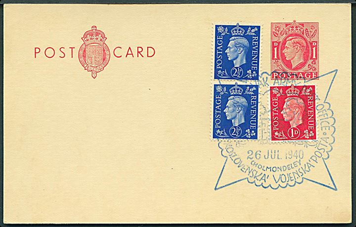 1d George VI helsagsbrevkort opfrankeret med 1d og 2½d (par) George VI annulleret med særstempel fra de tjekkiske eksilstyrker i England d. 26.7.1940. Uadresseret.