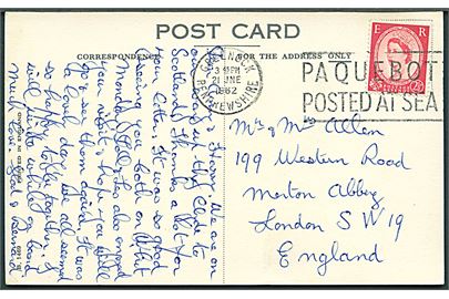 2½d Elizabeth på brevkort (M/S Carinthia) annulleret med skibsstempel Greenock / Paquebot Posted at Sea d. 21.6.1962 til London.
