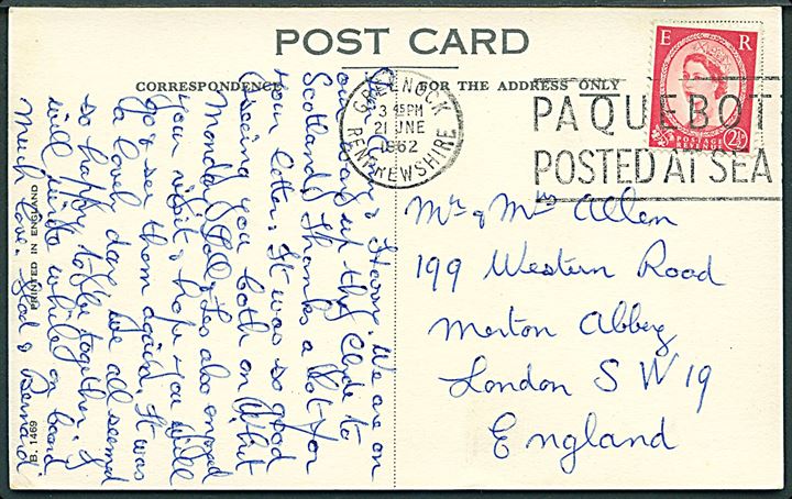 2½d Elizabeth på brevkort (M/S Carinthia) annulleret med skibsstempel Greenock / Paquebot Posted at Sea d. 21.6.1962 til London.