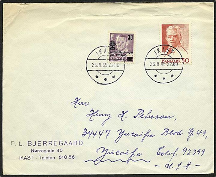 50 øre Carl Nielsen og 30 øre Verdensflygtningeåret 1959-1960 på brev fra Ikast d. 25.8.1965 til USA.