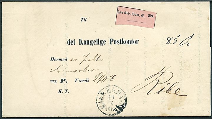 1868. Postsags pakkefølgebrev for værdipakke med frimærker med antiqua Kjøbenhavn d. 13.6.1868 til Ribe Postkontor. Iflg. indhold har pakken indeholdt 10 ark 8 skilling og 10 ark 10 sk. skilling frimærker. 