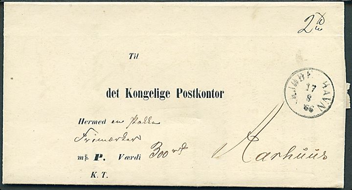 1866. Postsags pakkefølgebrev for værdipakke med frimærker med antiqua Kjøbenhavn d. 17.8.1866 til Aarhus Postkontor. Iflg. indhold har pakken indeholdt 100 ark 3 skilling Frimærker.