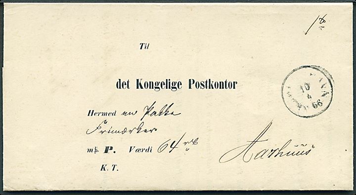 1866. Postsags pakkefølgebrev for værdipakke med frimærker med antiqua Kjøbenhavn d. 17.8.1866 til Aarhus Postkontor. Iflg. indhold har pakken indeholdt 16 ark 4 skilling Frimærker.