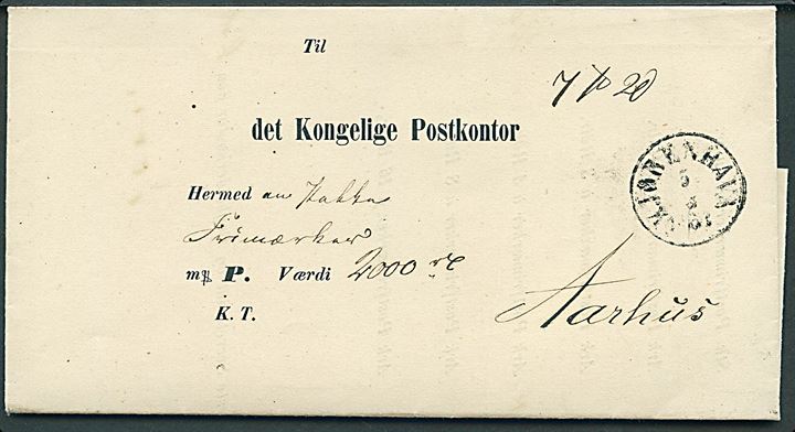 1868. Postsags pakkefølgebrev for værdipakke med frimærker med antiqua Kjøbenhavn d. 5.3.1868 til Aarhus Postkontor. Iflg. indhold har pakken indeholdt 500 ark 4 skilling Frimærker.