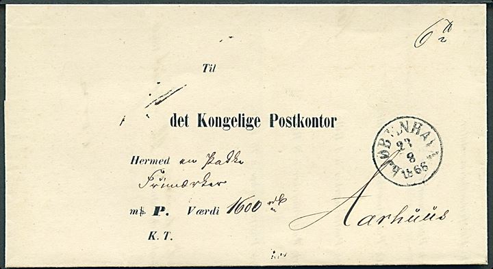 1866. Postsags pakkefølgebrev for værdipakke med frimærker med antiqua Kjøbenhavn d. 23.8.1866 til Aarhus Postkontor. Iflg. indhold har pakken indeholdt 400 ark 4 skilling Frimærker.