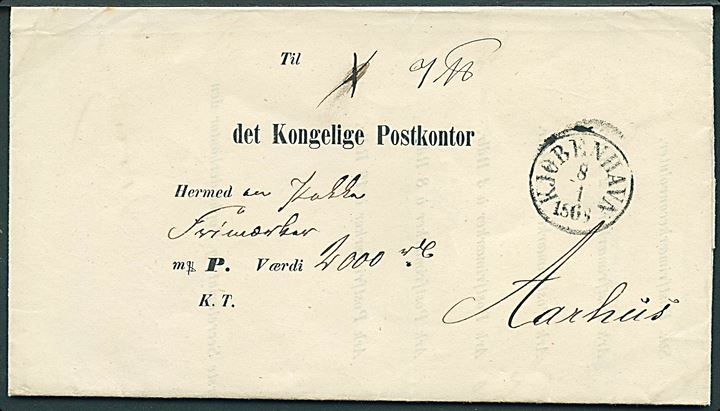 1868. Postsags pakkefølgebrev for værdipakke med frimærker med antiqua Kjøbenhavn d. 8.1.1868 til Aarhus Postkontor. Iflg. indhold har pakken indeholdt 500 ark 4 skilling Frimærker.