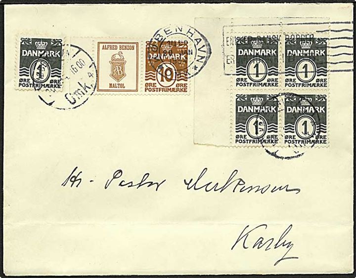 Reklame Alfred Benzon Maltøl og 10 øre Bølgelinie i parstykke, samt 1 øre Bølgelinie (5) på brev fra København d. 20.1.1934 til Karby.