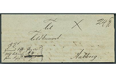 1845. Pakkefølgebrev for tjenestepakke med indhold dateret d. 27.12.1845 til Toldkontoret i Aalborg. På bagsiden laksegl fra General Toldkammer- og Commercecollegium. 
