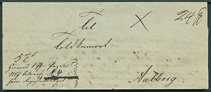 1845. Pakkefølgebrev for tjenestepakke med indhold dateret d. 27.12.1845 til Toldkontoret i Aalborg. På bagsiden laksegl fra General Toldkammer- og Commercecollegium. 