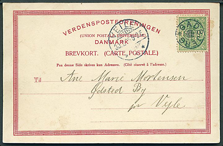 5 øre Våben på brevkort (Vejle Nordbanegaard med damptog) annulleret med stjernestempel GADBJERG og sidestemplet Veile d. 30.12.1905 til Ødsted By pr. Vejle.