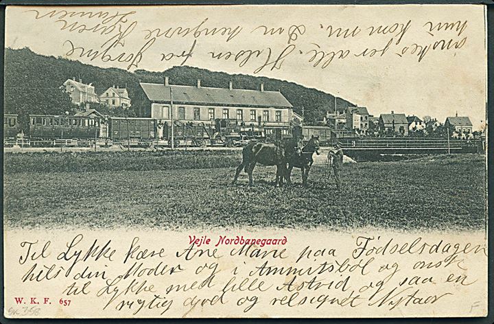5 øre Våben på brevkort (Vejle Nordbanegaard med damptog) annulleret med stjernestempel GADBJERG og sidestemplet Veile d. 30.12.1905 til Ødsted By pr. Vejle.