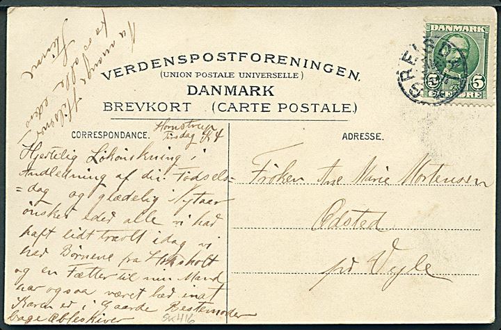 5 øre Fr. VIII på brevkort (Havneparti fra Vejle med dampskib) annulleret med stjernestempel GREJSDAL til Ødsted pr. Vejle.
