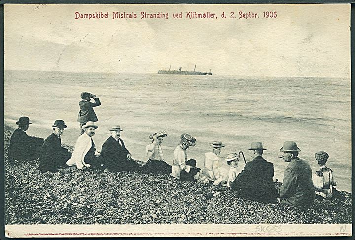 5 øre Fr. VIII på brevkort (Dampskibet Mistrals Stranding ved Klitmøller d. 2.9.1906) annulleret med stjernestempel HILLERSLEV og sidestemplet Thisted d. 5.5.1907 til Kjøbenhavn. Skilling: 1500,-