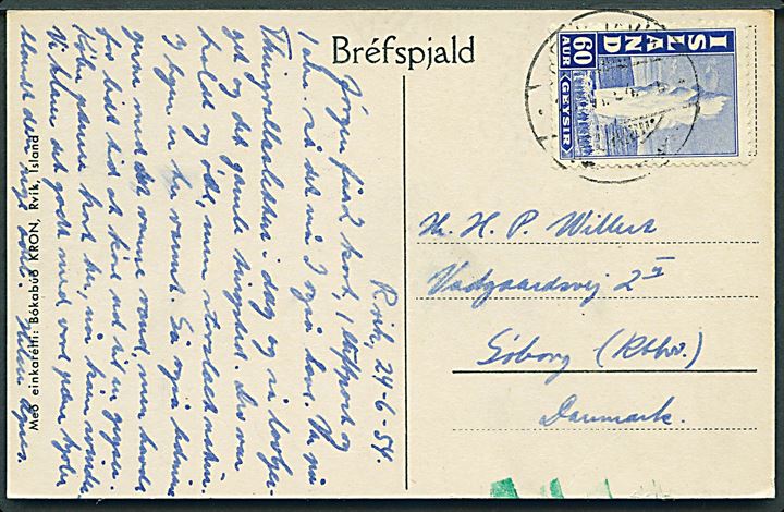 60 aur Geysir single på brevkort (Öxarárfoss) fra Reykjavik d. 24.6.1954 til Søborg, Danmark. Grønne ombæringskontrol streger.