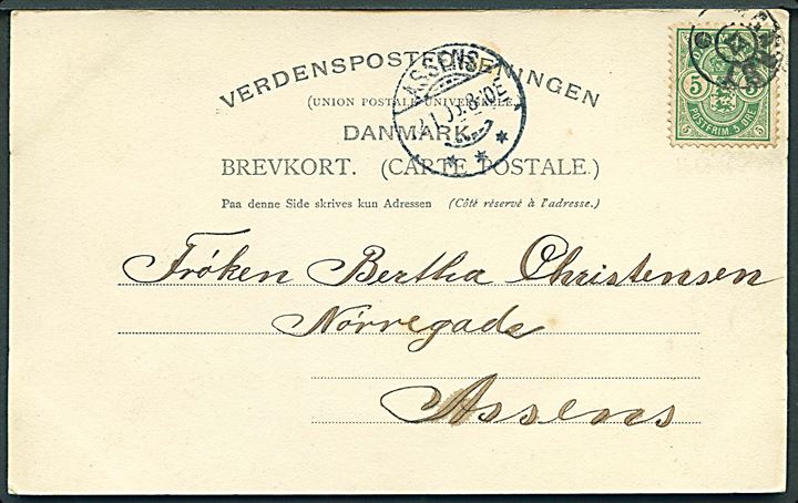 5 øre Våben på brevkort (Gadeparti fra Haarby) annulleret med stjernestempel HAARBY og sidestemplet Assens d. 2.1.1906 til Assens.