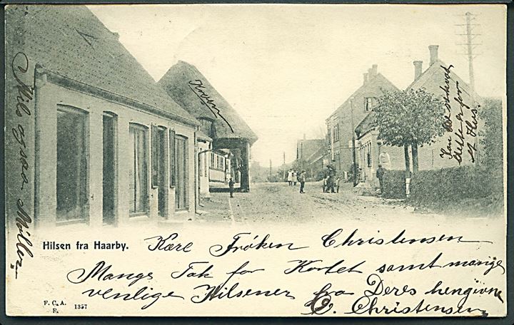 5 øre Våben på brevkort (Gadeparti fra Haarby) annulleret med stjernestempel HAARBY og sidestemplet Assens d. 2.1.1906 til Assens.