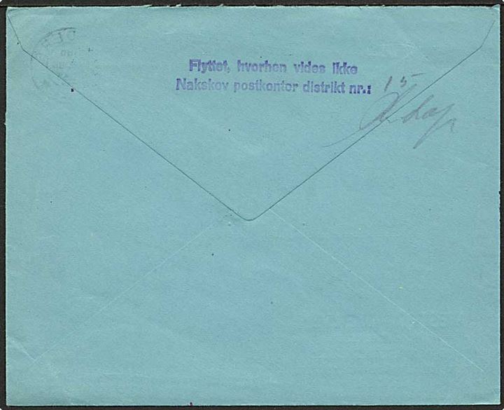 30 øre Fr. IX på brev fra Randers d. 16.6.1955 til Sæbyholm pr. Nakskov. Retur med stempel: Flyttet, hvorhen vides ikke / Nakskov postkontor.