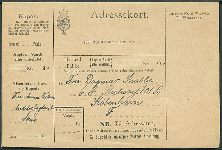 Adressekort formular med vedhængende kuvert - Bet. Form. No. 21 (28/12 1922). Udfyldt, men ikke sendt.
