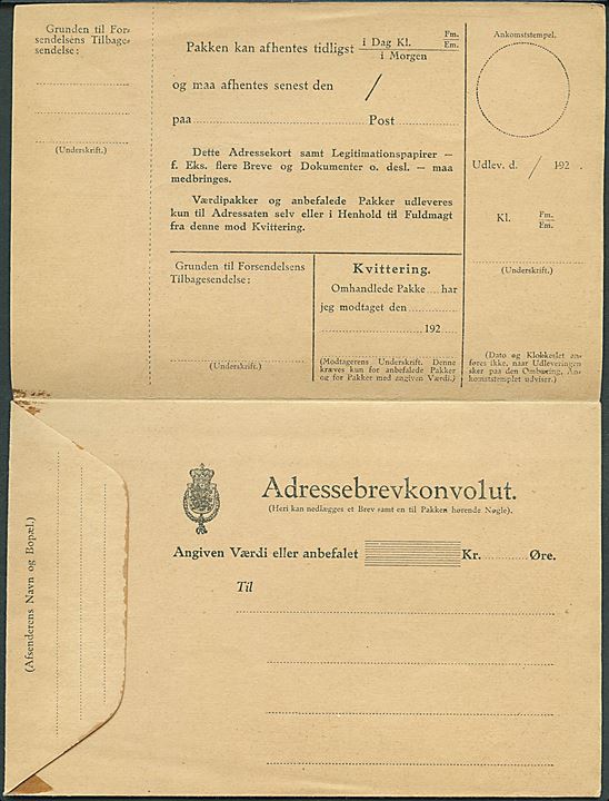 Adressekort formular med vedhængende kuvert - Bet. Form. No. 21 (28/12 1922). Udfyldt, men ikke sendt.