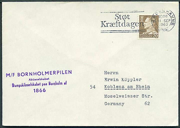 20 øre Fr. IX på tryksag stemplet København d. 11.9.1963 og sidestemplet med privat skibsstempel M/F Bornholmerpilen ..... til Koblenz, Tyskland.