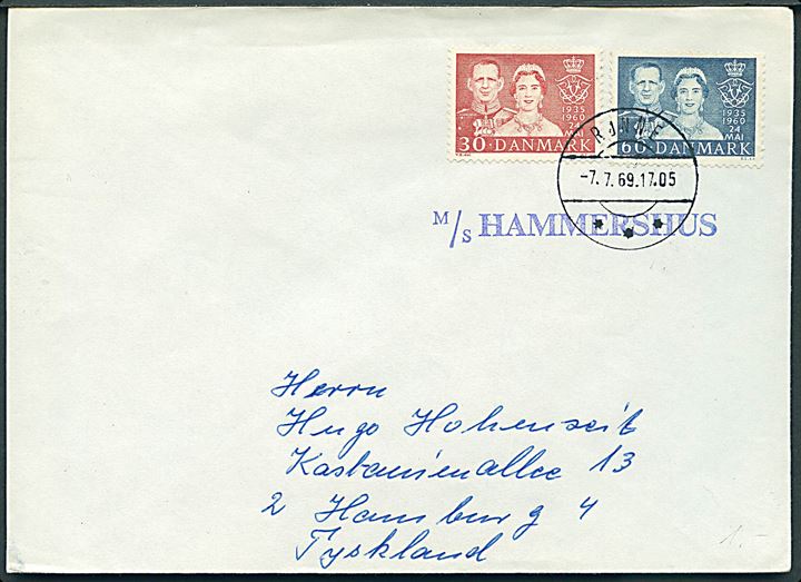 Komplet sæt Fr. IX Sølvbryllup på brev stemplet Rønne d. 7.7.1969 og sidestemplet M/S Hammershus til Hamburg, Tyskland.