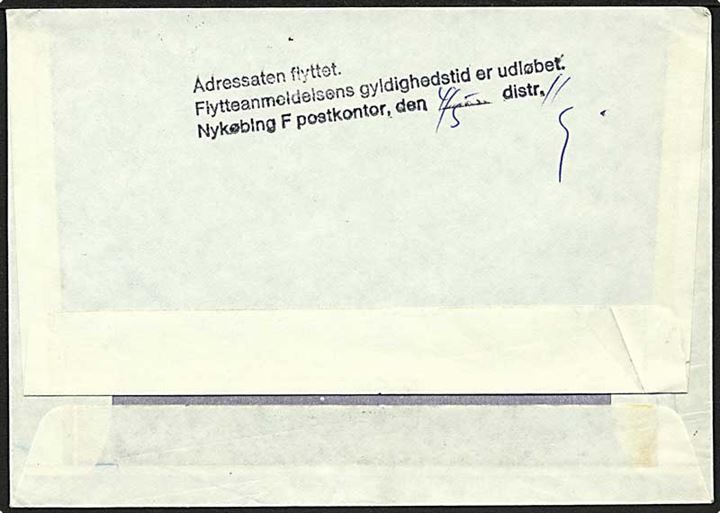 100 øre Bølgelinie på tryksag fra Næstved d. 3.5.1982 til Nykøbing F. Retur med stempel: Adressaten flyttet. Flytteanmeldelsens gyldighedstid er udløbet Nykøbing F postkontor.