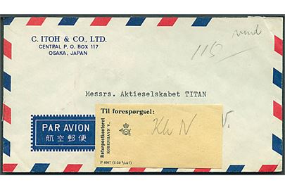 Frankostempel på bagsiden af luftpostbrev fra Osaka 1958 til København, Danmark. På bagsiden påskrevet ikke box 231 ved Vesterbro Postkontor og sendt til forespørgsel via Returpostkontoret med etiket P 4007 (5-50 1/3 A7).