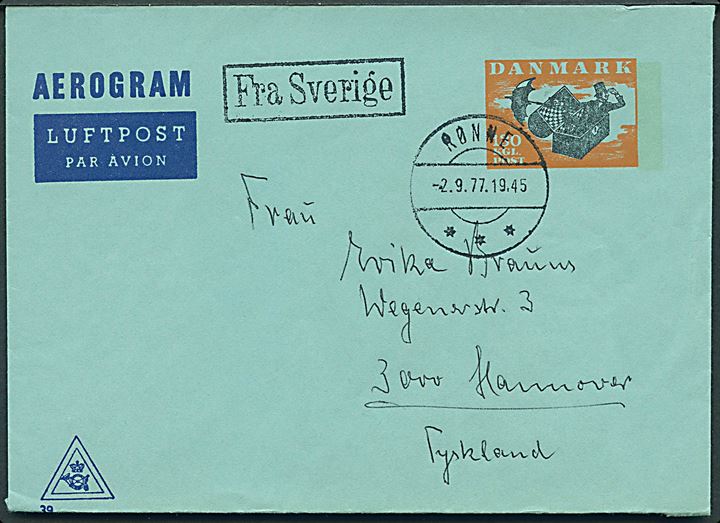 1,30 kr. Aerogram (fabr. 39) annulleret Rønne d. 2.9.1977 og sidestemplet Fra Sverige til Hannover, Tyskland.